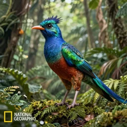 national geographic winning photo of a quetzal dinosaur in the jungle, photorealistic, full body, sony a 7 ra