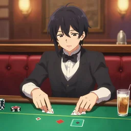 anime character playing poker and drinking in a cozy bar 1 1 1 1, volumetric lighting, hyper real, pencil art, moody lighting, cute, comfy