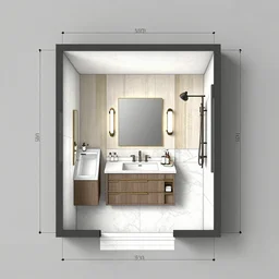furniture layout drawings of a rectangular modern master bathroom golden ratio, designer, architect, 2 d, top down view,