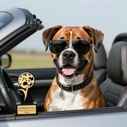a boxer dog smiling wearing black aviator sunglasses, driving a convertible, award winning, high quality, sunny day