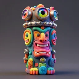 an opalescent claymodel of a multicolored steampunk tiki with three smiling faces, wearing a steampunk helmet with multicolored irisdiscent tubes and shiny metallic devices, 3 d render, crisp, trippy aztec, 8 k, fluorescent colors, insanely integrate