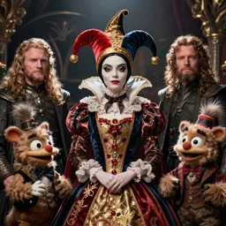 detailed ultrarealistic photography medium shot of fantasy jester queen addams family and furry muppet puppet symmetric leyendecker, norman rockwell, ian miller, artstation cinematic, vray game of thrones, lord of the rings, star wars