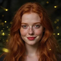 portrait of a young woman, among the lights of golden fireflies and nature, long loose red hair, intricate details, deep green eyes, hint of freckles, round gentle face, cheeky smile with red lips, deep focus, smooth, sharp, golden ratio, hyper realistic art by artemisia lomi gentileschi and caravaggio and artgerm