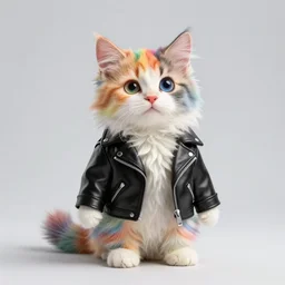 wide angle full body, of a fluffy cute rainbow kitten wearing a black leather motorcycle jacket, concept art