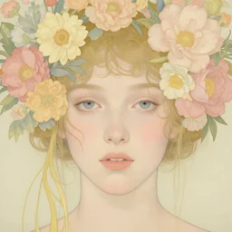 a lot of brilliant flowers morphing in a girls face, film still by wes anderson, depicted by balthus, limited color palette, very intricate, art nouveau, highly detailed, lights by hopper, soft pastel colors, minimalist
