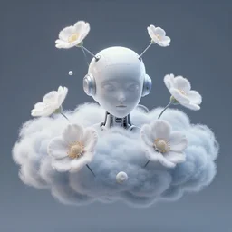 quantum cloud flowers, photorealistic beautiful cyborg, flower antennas accessories