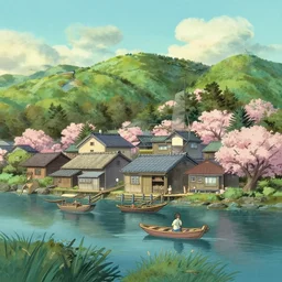 japanese fishing village, spring, in the style of studio ghibli, j. c. leyendecker, greg rutkowski, artem