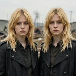 frontal portrait of blonde adult twins in the apocalypse, by john singer sargent.