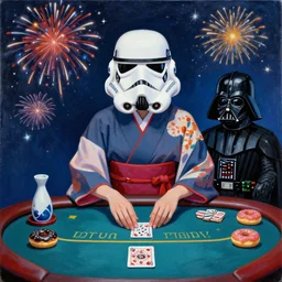 woman in a japanese kimono wearing stormtrooper helmet sitting at an extremely detailed poker table with the darth vader, sake, donuts on the table, fireworks and stars on the background, by roy liechtestein, canvas, acrylic paint, cool color palette, 4 k, ultra - hd