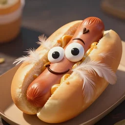 a portrait shot of a beautiful hotdog!!! smiling!!! covered in feathers, front shot. lots of big cute eyes!!! tilt shift derogotype photography, extreme dof