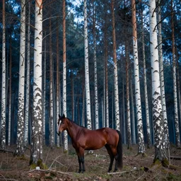 forest background, birdblue, horsered