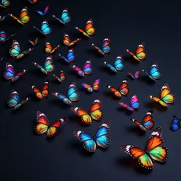 realistic photo of too many psychedelic small beautiful colorful glowing butterfly flying, wide angle shot, dark smooth background, very sharp focus, in the style of greg rutswoski, very hyper realistic, highly detailed, fantasy art station