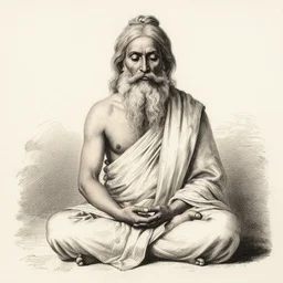 full body sketch of a cool sadhu meditating with a long beard, etching by louis le breton, 1 8 6 9, 1 2 0 0 dpi scan
