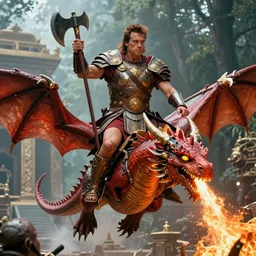 long shot film still of a very handsome arnold schwarzenegger as conan the destroyer, asymmetric, focus on high detailed photo realistic face, wearing ancient barbarian armor, mounted on top of a flying red dragon with glowing yellow eyes, breathing and blowing fire down on his enemies, centered, rule of thirds photo, hyper realistic, forest temple in the background, sharp focus, intricate oil painting, golden axe box