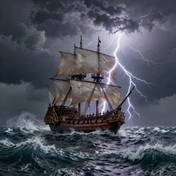 A beautifully strange photoillustration of thunder lightning and waves, a Spanish Galleon Breaking the storm waves, by Benoit B. Mandelbrot, Gustave Dore, Martin Johnson Heade, Lee Madgwick, and Caspar David Friedrich, Sci-fi fantasy mystical ocean waves thunderstorm lightning, the Spanish Galleon in the grip of the storm, realistic painting, classical painting, high definition, digital art, matte painting, very detailed, realistic, Unreal Engine, octane render, vray, 4k, super wide angle