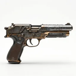 rustic sci-fi blaster pistol, high detail macro photography, isolated on a pure white background, centered, entire object in frame, sharp focus, soft studio lighting