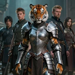 A portrait of a female cyborg tiger  in medieval armour by Greg Rutkowski, Sung Choi, Mitchell Mohrhauser, Maciej Kuciara, Johnson Ting, Maxim Verehin, Peter Konig, final fantasy, 8k photorealistic, cinematic lighting, HD, high details, dramatic, atmospheric , trending on artstation