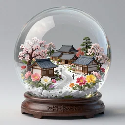 a japanese village full of flowers inside a snowball, 8k, artstation trend, hdr, super detailed, light reflections, studio photo, professional photo