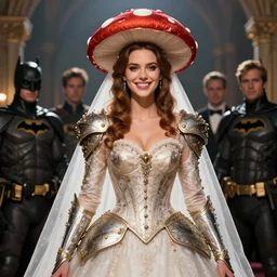 batman as an attractive young smiling woman wearing a mushroom crown and heavy armoured wedding dress, face portrait, hd shot, digital portrait, beautiful, fantasy art, artstation, comic style, by artgerm, guy denning, jakub rozalski, magali villeneuve and charlie bowater