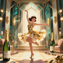 teenage cher dancing in art deco style, champagne commercial, artstation, illustration, bright, cheerful, detailed and intricate environment