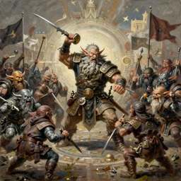 painting of a dwarven berserker fighting a crew of crazy goblin warriors, sharp focus, high symmetry, award - winning, trending on artstation, masterpiece, highly detailed, intricate. art by christopher rush