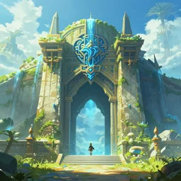 the entrance to the water temple. concept art in the style of zelda breath of the wild.