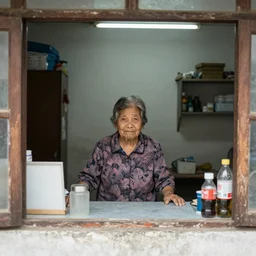 elderly woman behind a counter in a small town