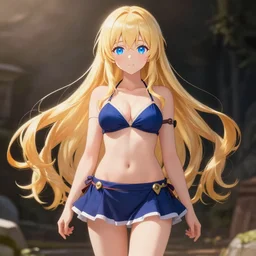 a very beautiful young anime girl with long blond hair, full body, long wavy long blond hair, sky blue eyes, full round face, wizard bikini, miniskirt, front shot, highly detailed, cinematic wallpaper by stanley artgerm lau