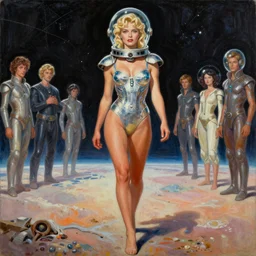 a mixed media painting of a beautiful blonde woman walking on an alien planet, elegant, aesthetic!!! symmetrical face and eyes, piercing gaze, eighties pinup style, photorealistic, curvy, model, 6 0's cartoon - glass - helmet and futuristic swimsuit, epic sci - fi character art, full length, by frank frazetta, donato giancola, boris vallejo, beeple, greg rutkowski, christian macnevin, high fantasy, prometheus, cgsociety, exquisite detail, post - processing, masterpiece, cinematic