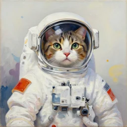 cosmonaut cat portrait an oil painting splashes with many colors and shapes by gustav klimt greg rutkowski and alphonse mucha, polycount, generative art, psychedelic, fractalism, glitch art