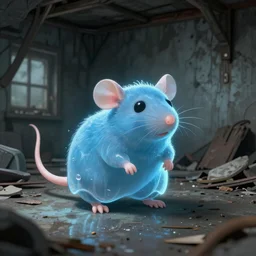 a transparent blue ghost rat in an abandoned basement, horror, digital art, well-detailed