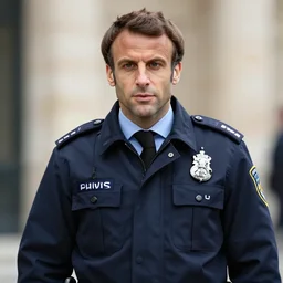 emmanuel macron wearing a hivis police coat, highly detailed, digital art, sharp focus, trending on art station