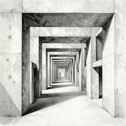 a symmetrical parametric brutalist concrete structure, corridor, never ending hallway, matte painting, insanely detailed and intricate, line art, square inverse law, sketch, drawing, manga, crosshatch, ink, etching by tsutomu nihei, giovanni battista piranesi, gustave dore