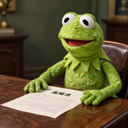 photo of jim Henson's Kermit the frog looking a little disappointed to have been served divorce papers, professional photography, green frog felt Muppet puppet, high definition