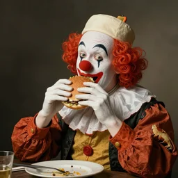 clown eating a hamburger, dutch master