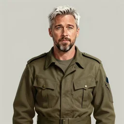 portrait of a matured military ryan gosling with short white hair, wearing overalls, medium shot, portrait, concept art, natural lighting, illustration, full color, highly detailed, photorealistic, by greg rutkowski, artstation,