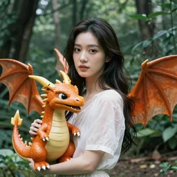 a beautiful women and a cute orange dragon with wings, lush forest, render, realistic, 35mm