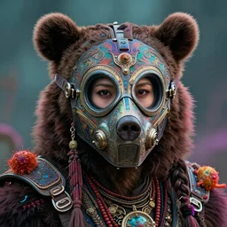spirit bear shaman, portrait of a beautiful woman in ornate chem protection mask, sci - fi, post apocalyptic, spores, high detail, vibrant colors, face, by gaston bussiere, bayard wu, greg rutkowski, auguste bourotte, bastien deharme, masterpiece, sharp focus, cinematic lightning