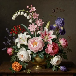 still life of flowers, dutch painting, old masters, in the style of rachel ruysch, complex 3 d render, ultra detailed, 8 5 mm lens, refined, high definition, pink blossoms, snowbells, red berries, lavender, lily, peonies, roses, foliage, marigold, green leaves, tulips, iris,