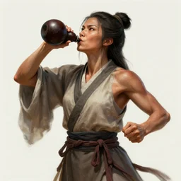 full portrait of a female monk drinking from a wine gourd by wlop, wuxia, xianxia, drunken boxing, drunken fist, drunken master, weathered olive skin, athletic, playful, fully clothed, monk's robe, wine gourd, detailed, realistic, anatomically accurate, fantasy illustration, artstation, wlop.