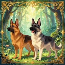 two german shepherds, one brown tan domino one black white markings, pointy ears, fanart ornate fantasy ori and the blind forest cover style official behance hd artstation by jesper ejsing, by rhads, makoto shinkai and lois van baarle, ilya kuvshinov, rossdraws pastel vibrant
