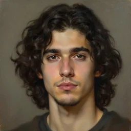 portrait of a young italian male, dark shoulder length very curly hair, round nose, angular eyebrows, short patchy beard, closeup portrait, elegant, highly detailed, oil painting, artstation, concept art, matte, sharp focus, illustration, hearthstone, art by earl norem