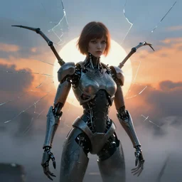 portrait of a cyborg spider girl, shattered glass, cinematic light, backlight, orange sky blue, mist, clouds, mecha, by mikhail vrubel, by philippe druillet, by wlop, by peter elson, by gerald brom, muted colors, ( extreme detail ), trending on artstation, 8 k