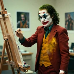 photograph of the joker ( 2 0 1 9 ) as a professional artist, standing at an easel with paint, photograph, 3 5 mm, 8 k
