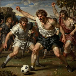 an angry man playing soccer in Ancient Rome, detailed, highly detailed, heroic, epic, complex, very detailed, realistic, HD quality, 8k resolution, body and headshot, Oil Painting, Italian Renaissance Painting of Jerma985, Italian Renaissance Painting Style, Renaissance Painting Style, Painting, Trending on Artstation