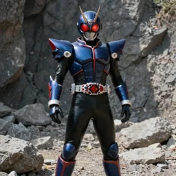 High Fantasy Kamen Rider, single character full body, 4k, glowing eyes in helmet, rock quarry location, daytime, black rubber suit, pvc armor, dark blue with red secondary color dragon inspired segmented armor, ultra realistic, vibrant colors, octane render, Steve Yedlin Cinematography
