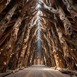 a photo of the interior of a vast vaulted structure made of driftwood, the structure is infinite, volumetric lighting, light rays, photorealistic, ultrarealistic, coronarender, 8k
