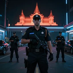 Cyberpunk Police, futuristic Phnom-Penh Cambodia, neon dark lighting