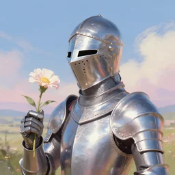 pearlescent retrofuturistic digital airbrush illustration of a knight wearing an ornate chrome headpiece and holding a flower with a landscape and sky in the background by luigi patrignani