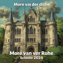 a more van der rohe building in a studio ghibli landscape